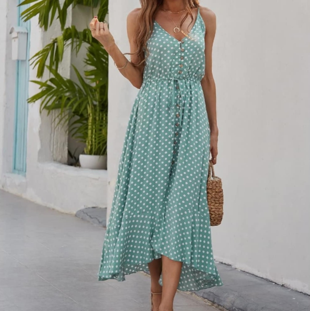 Elegant High Low Polka Dot Dress in Teal